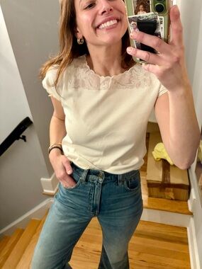 Vintage Robert Scott Ltd Lace Trim Top Ivory Cottagecore Cap Sleeve Tee M